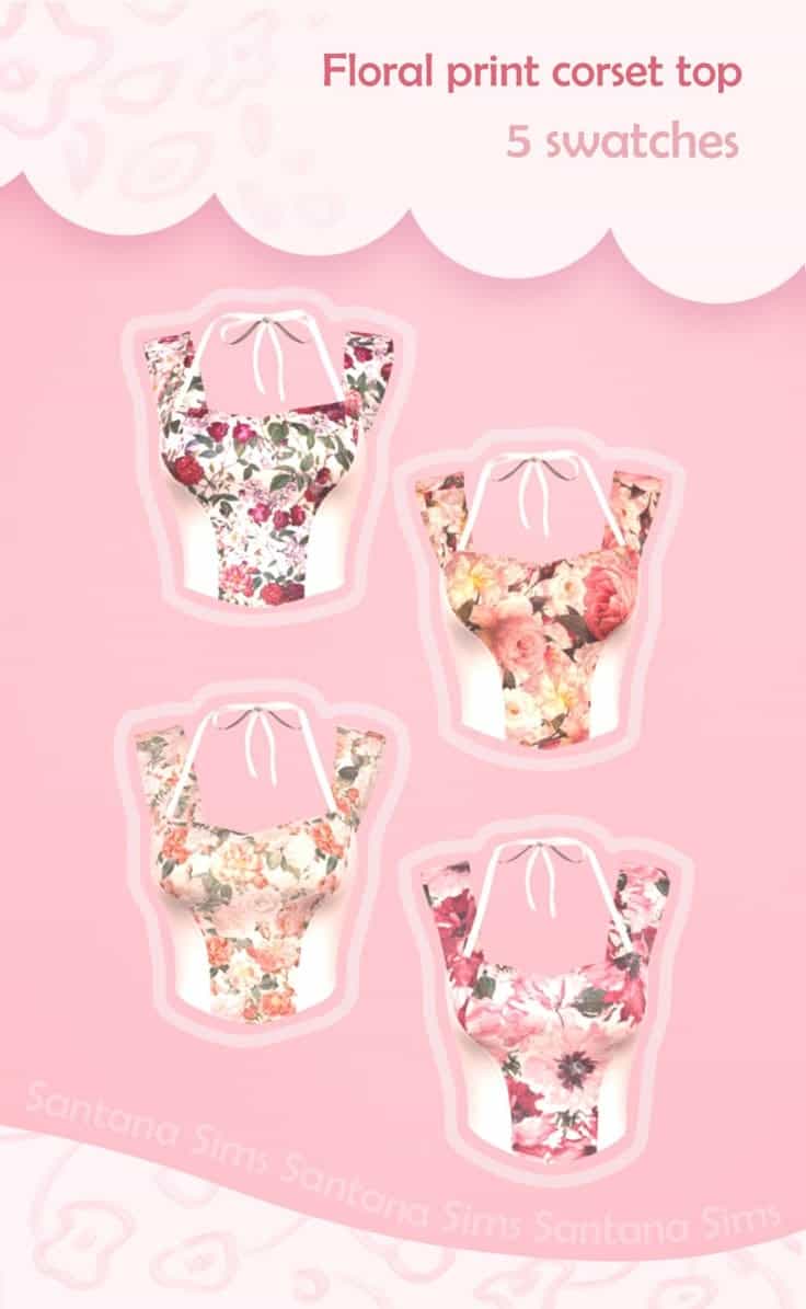 Floral print corset top sticker with pink background and five swatches of colorful floral designs, perfect for customizing or decorating clothing accessories.