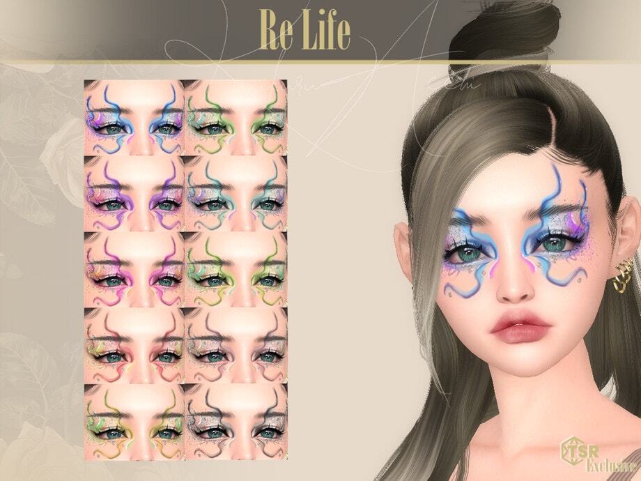 Colorful fantasy eye makeup enhancing digital avatars, inspired by popular customizations for virtual environments, showcasing creative facial art for social media and gaming profiles.