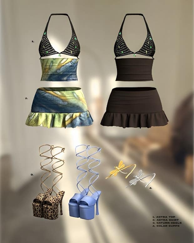 Astra Top and Skirt sets with heels and solar earrings displayed for fashion accessories and summer outfits, showcasing trendy swimwear and footwear options for stylish summer looks.