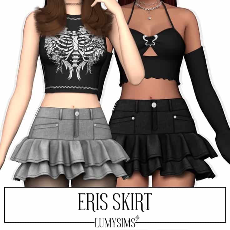 High school girl with black and gray eris ruffled mini skirts, trendy fashion for teens, youthful streetwear, must-have mods, stylish layered skirts for girls.