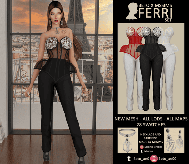 Elegant female model wearing must-have mesh ferri bodysuit with rhinestone accents, black high-waist pants, and stylish accessories, posed in front of a large window with a cityscape backdrop.