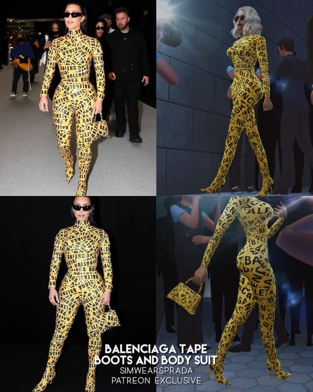 Balenciaga yellow print bodysuit with matching boots, bold high-fashion jumpsuit, designer streetwear, Balenciaga tape print outfit, luxury fashion look for runway and events.