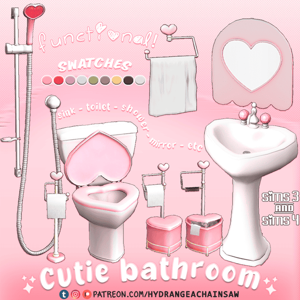 Pink cute bathroom decor for Sims 3 and Sims 4, featuring shower, toilet, mirror, and accessories with love heart details, perfect for modern, playful shower rooms and vanity setups.