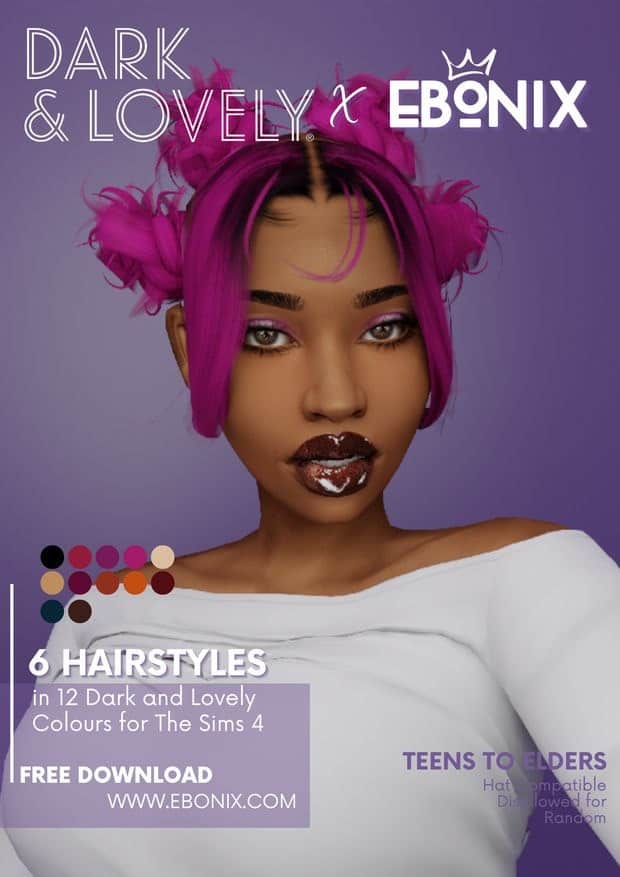 Bold pink hairstyle featuring six trendy hairstyles for teens to elders, compatible with The Sims 4, available as a free download from Ebonix, ideal for customizing Sims' looks.