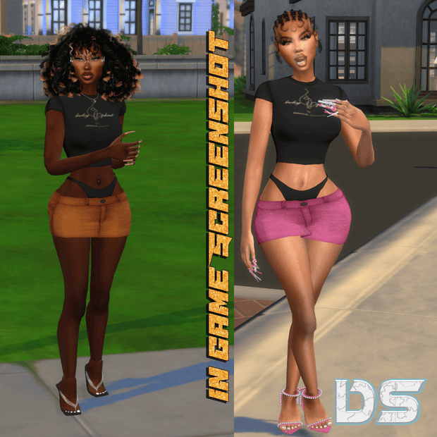 Black woman wearing fashionable virtual mod clothing on The Sims, showcasing custom skin and clothing mods from Must Have Mods, in vibrant outdoor and urban settings for gaming customization.