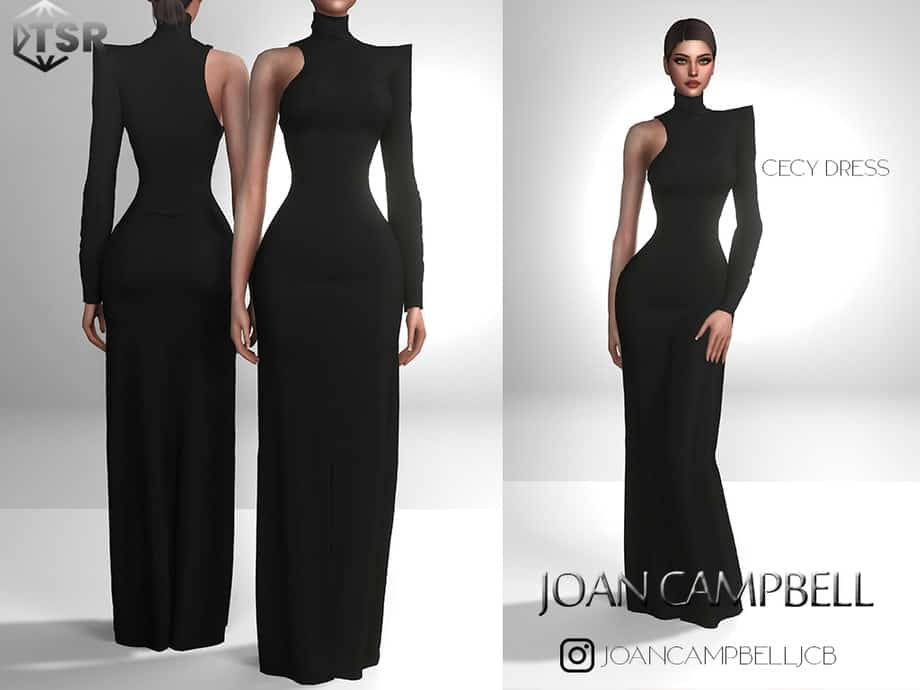 Elegant black CECY dress designed for formal occasions, highlighting sleek silhouette and high neckline, perfect for chic evening events.
