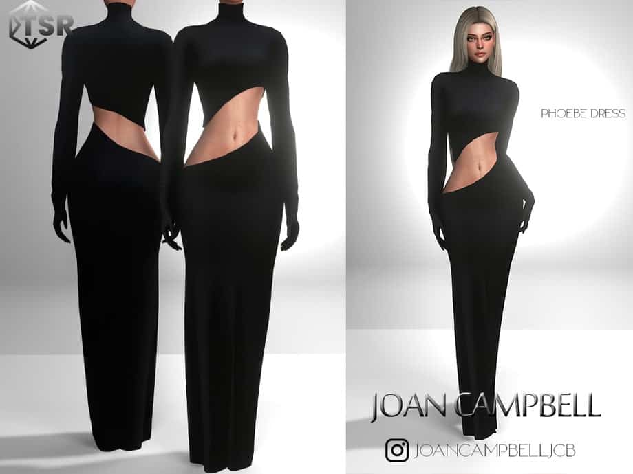 Plush black cutout evening gown for women, elegant formal dress with side slit, modern fashion inspired by Joan Campbell, perfect for upscale events and special occasions, sleek and stylish design.