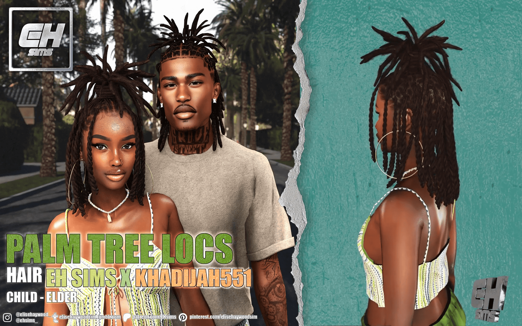 Palm tree locs hairstyles for Sims, tropical dreadlocks for Sim characters, EH Sims custom hair, Khalidjah55 creative hair mod, modern dreadlock hairstyle for Sims 4.