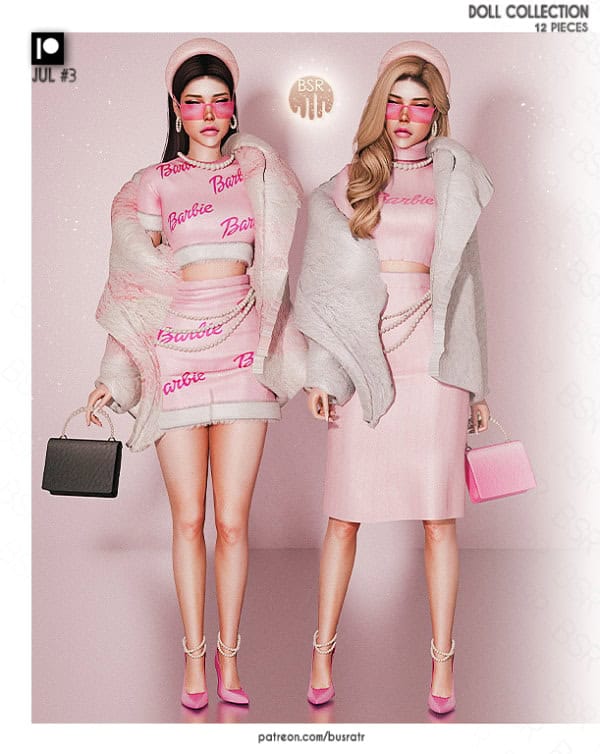 Pink Barbie-themed doll fashion accessories and outfits for collectible dolls, featuring stylish clothing, accessories, and footwear perfect for doll collectors and enthusiasts.
