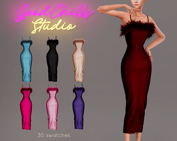 Blue satin evening dress with black fur neckline, model wearing a fitted gown, elegant fashion, stylish formal wear, Must Have Mods product image.