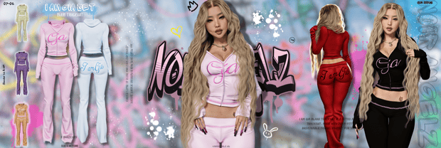 Bright pink and black "Glam Girl" female avatar clothing items from Must Have Mods, featuring stylish matching tracksuits and casual outfits designed for virtual fashion and avatar customization.