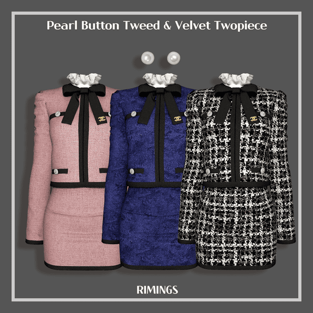 Pearl Button Tweed & Velvet Twinset with Rhinings, stylish Chanel-inspired women's fashion set featuring textured fabric, elegant detailing, and classic black accents. Perfect for chic, sophisticated looks.