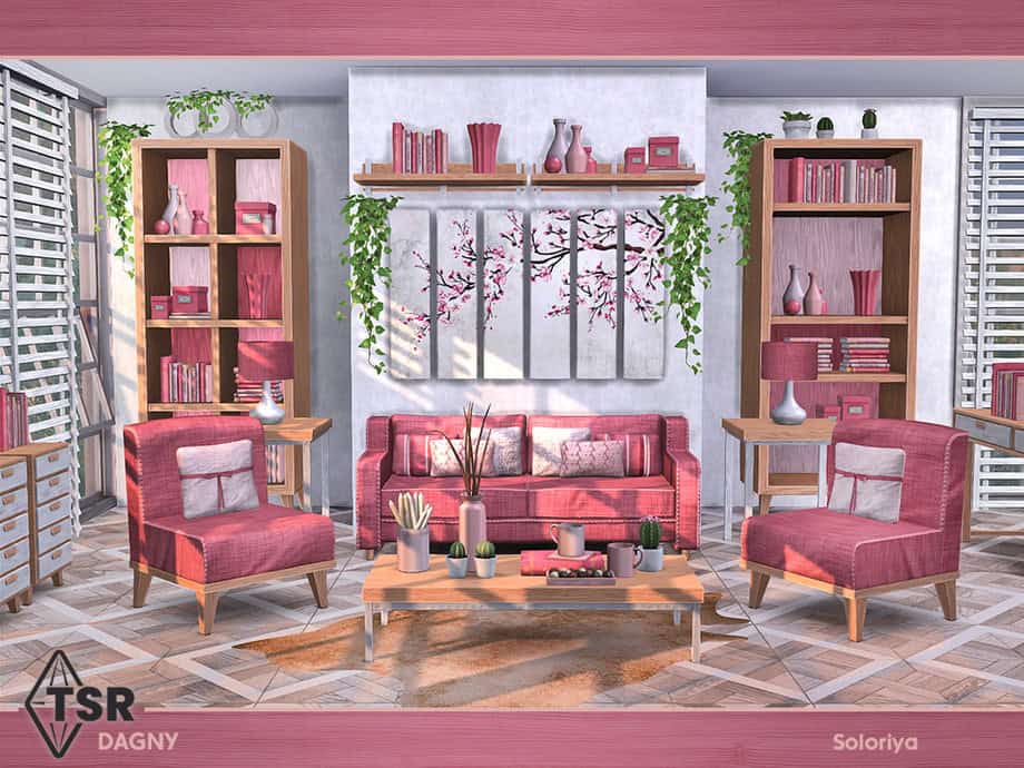 Pink and white living room decor with wooden shelving units, cozy chairs, a sofa, and floral art, showcasing modern interior design and home accessories.