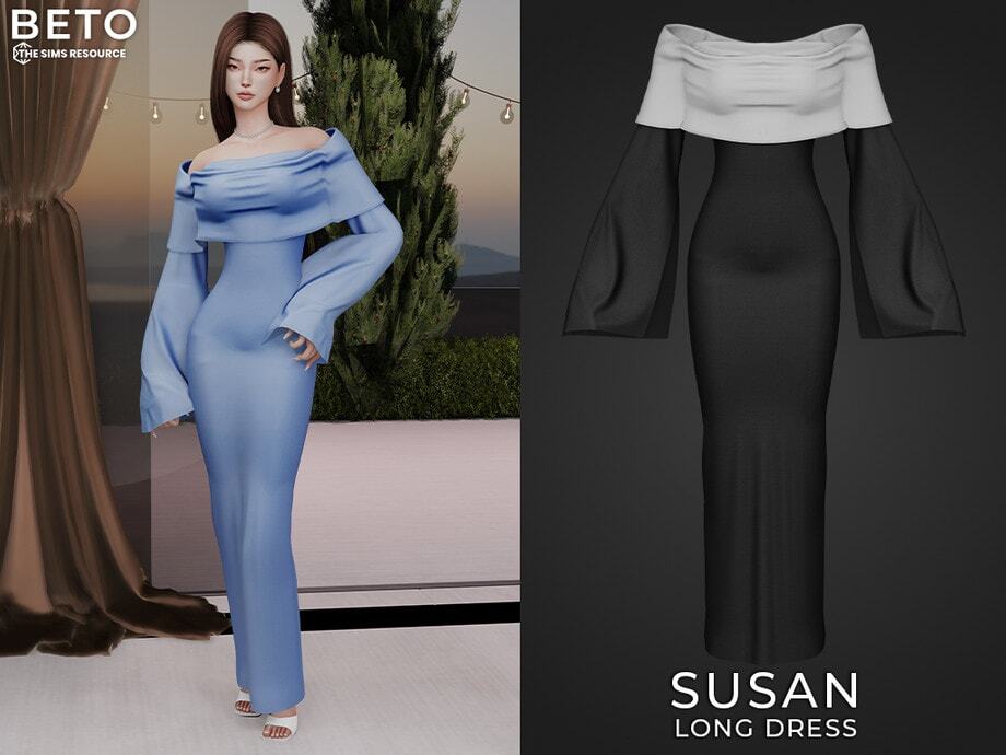 Blue elegant long dress with off-shoulder design and billowy sleeves, perfect for formal events and evening wear.