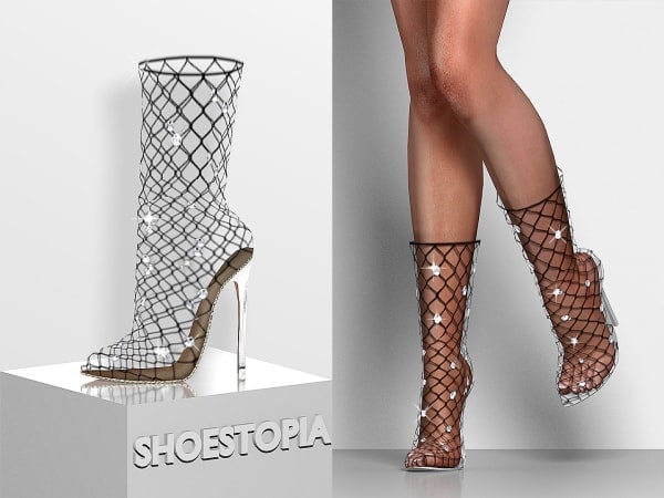 Mesh netted high heel boots with sparkling embellishments, perfect for fashionable statement footwear.