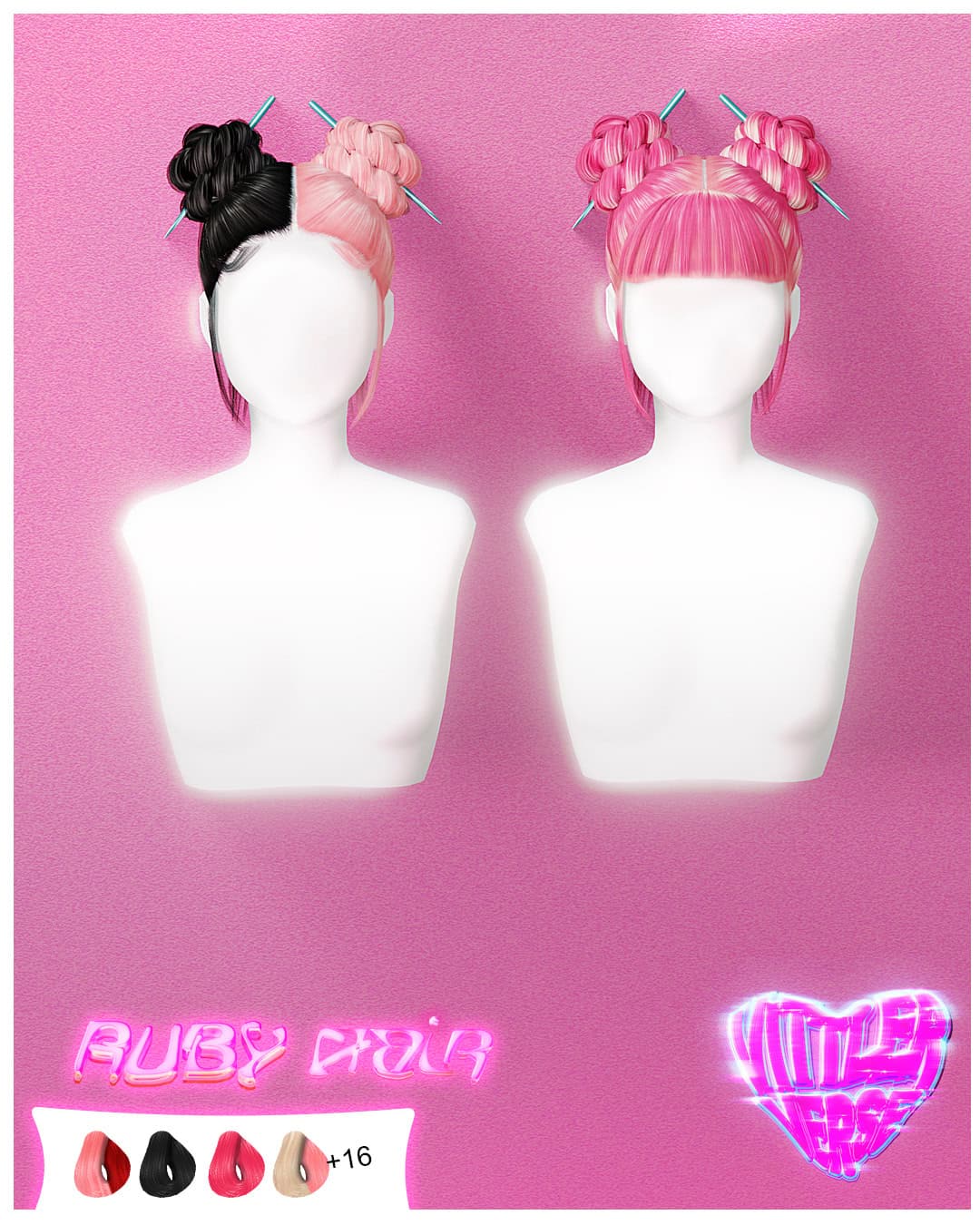 Pink and black synthetic hair buns with hair sticks, styled in playful pigtails on mannequins against pink background – perfect for kawaii and cyber-inspired hairstyle mods.