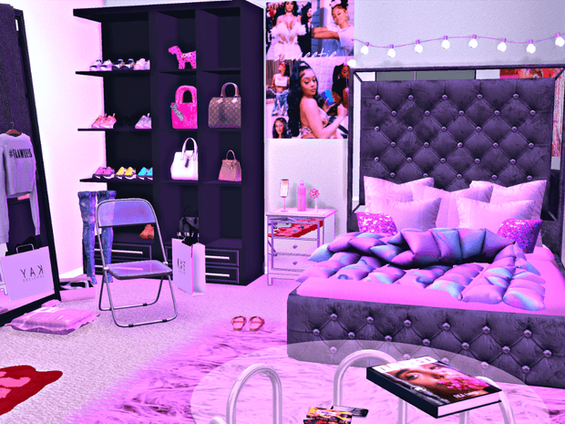 Stylish bedroom decorated with luxury handbags, plush bed with string lights, and pink accents, showcasing popular must-have mods for personalized home decor and aesthetic upgrades.