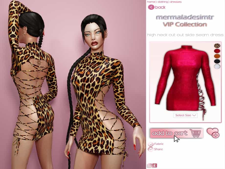 Leopard print high neck cut out side seam dress, virtual fashion, avatar clothing, Must Have Mods, SL fashion, bold animal print dress, sexy and stylish avatar outfit.