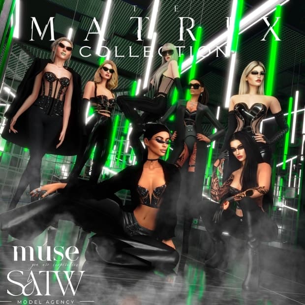 Futuristic fashion women wearing black leather outfits with neon green lighting at Must Have Mods collection promotion image, stylish cyberpunk inspired models in innovative designer clothing, high fashion and futuristic style scene.