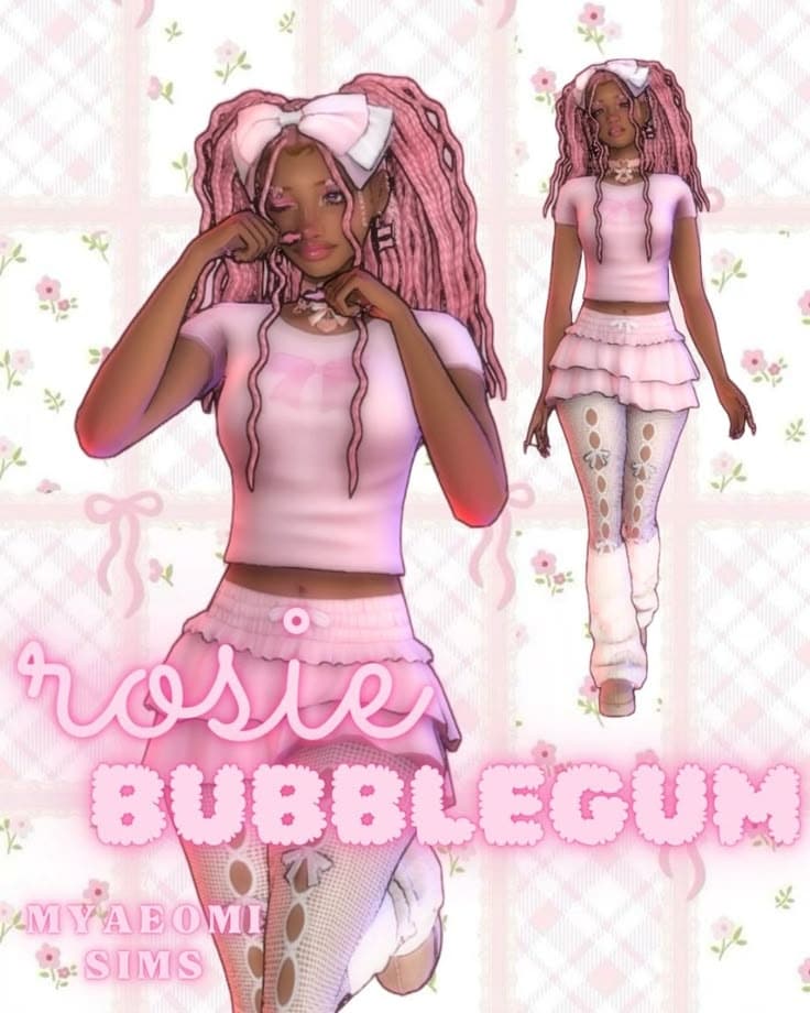 Pink anime girl with pink dreadlocks and bows, fashionable casual outfit, layered ruffled skirt, distressed patterned tights, must-have mods, cute virtual character, anime-inspired fashion, stylish gaming avatar, rose-themed digital art, popular in The Sims mods, cute character design, pink aesthetic, digital fashion, virtual influencer style.