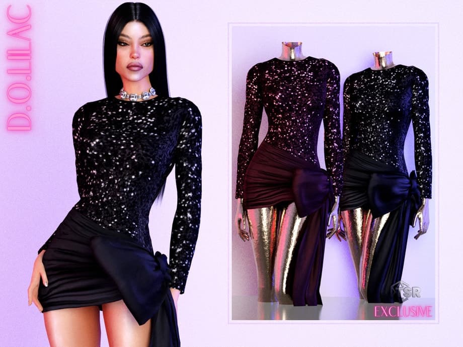 Sequin black long-sleeve top paired with a black satin skirt with a large bow, fashion-forward nightclub outfit, stylish party outfit, trendy outfit ideas, Must Have Mods clothing collection.
