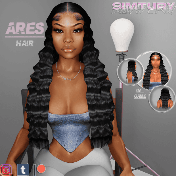 Ares Deep Wave Synthetic Hair in a woman’s long, lustrous, wavy hairstyle, displayed on a wig mannequin head with in-game customization options for realistic virtual hair styling.