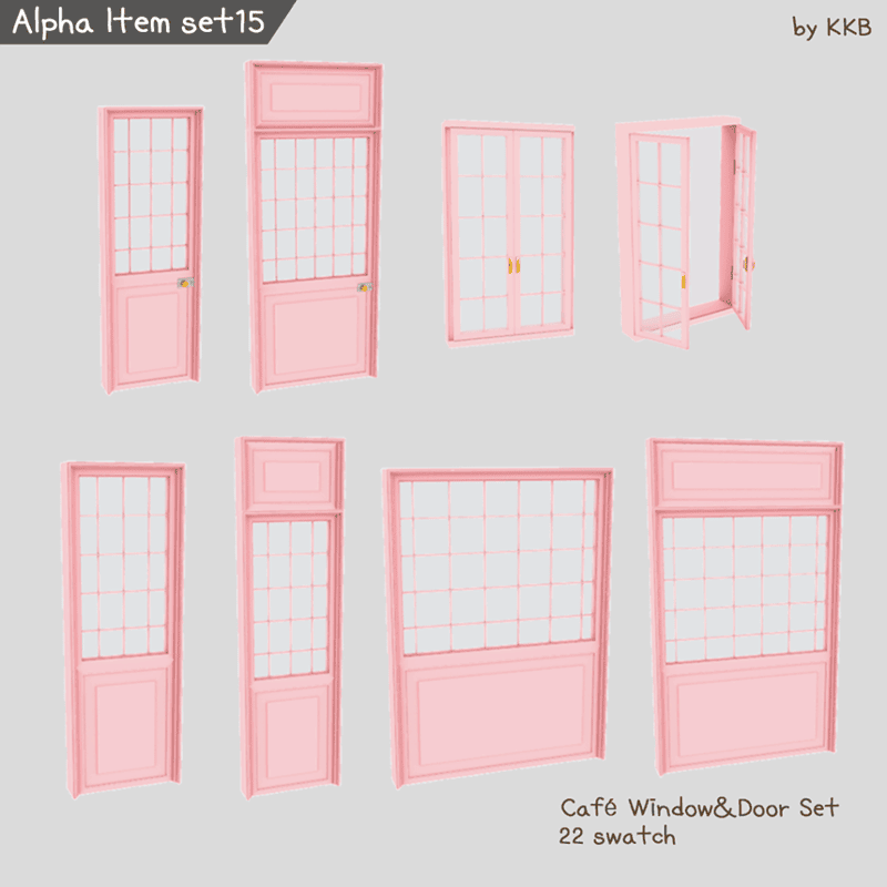 Pink cafe window and door set for The Sims 4, featuring 22 swatches, ideal for customizing home interior and exterior in the game.