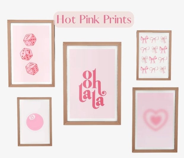 Pink prints, hot pink wall art, girly room decor, playful wall posters, cute pink and white artwork for kids' rooms.