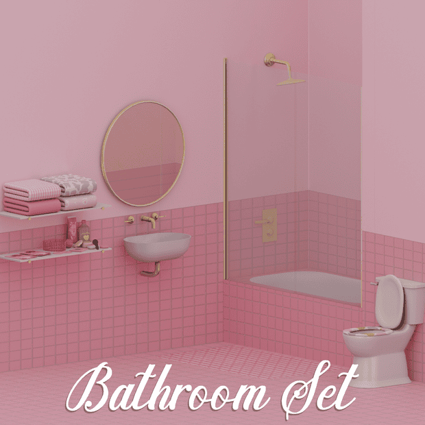 Pink bathroom decor with bathtub, toilet, and wall mirror, showcasing modern bathroom set essentials and accessories, perfect for home renovation inspiration and interior design ideas.