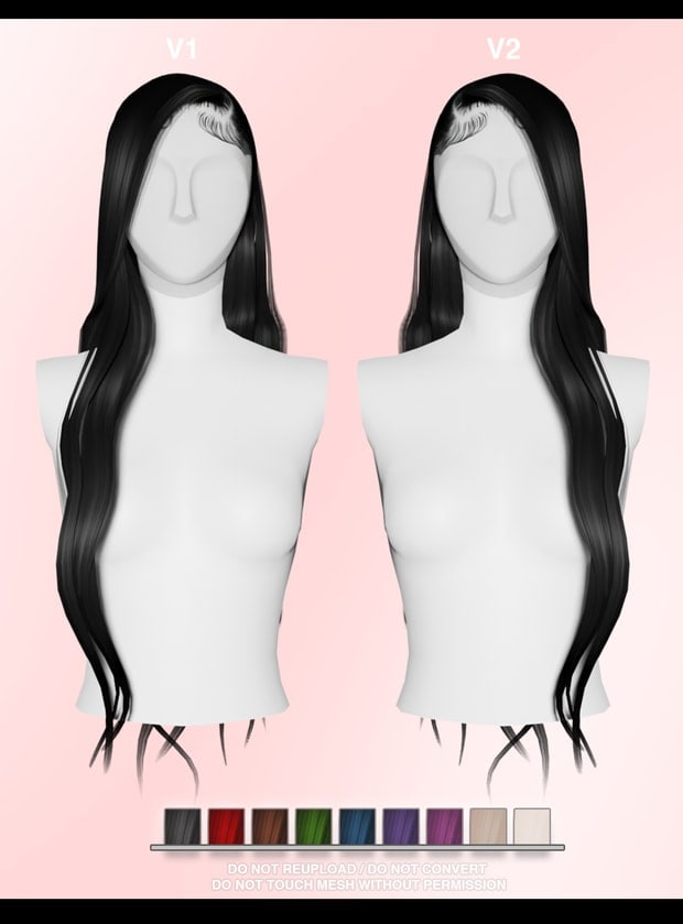 Black long wavy hair wig for avatar customization with color options for virtual worlds and gaming.