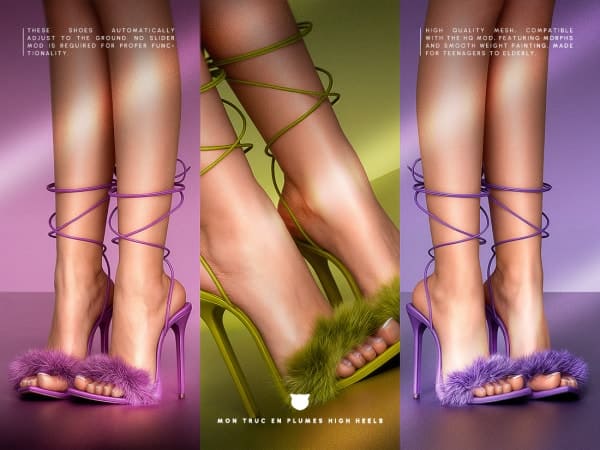 Purple and green high heel sandals with fluffy fur accents and lace-up details, designed for a stylish and bold fashion statement. Perfect for trendy footwear enthusiasts.