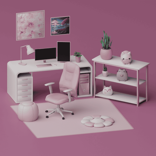 Pink and white modern home office setup with themed cat décor, dual monitors, ergonomic chair, potted plants, and decorative flower-shaped rug perfect for cozy workspace ambiance.