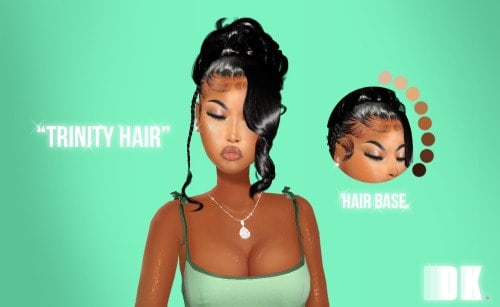 Intricate "Trinity Hair" protective hairstyle with sleek, glossy strands and detailed edges, showcasing versatile hair styling options with a focus on natural hair beauty and protective styling techniques.