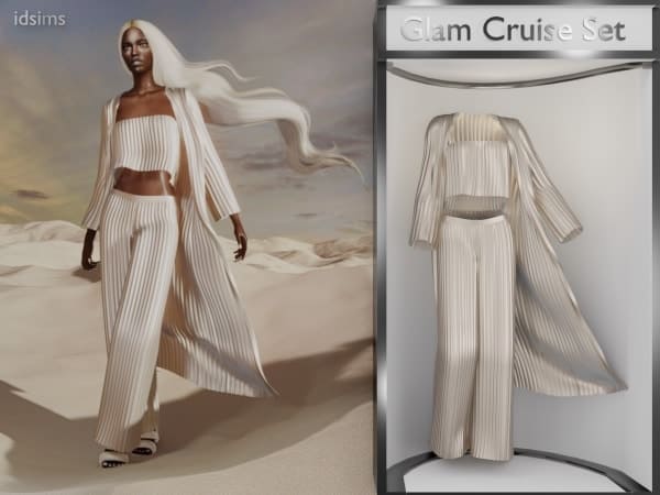 Minimalist cream-colored pleated lounge set featuring crop top, wide-leg pants, and matching long robe, ideal for stylish casual or lounge wear.