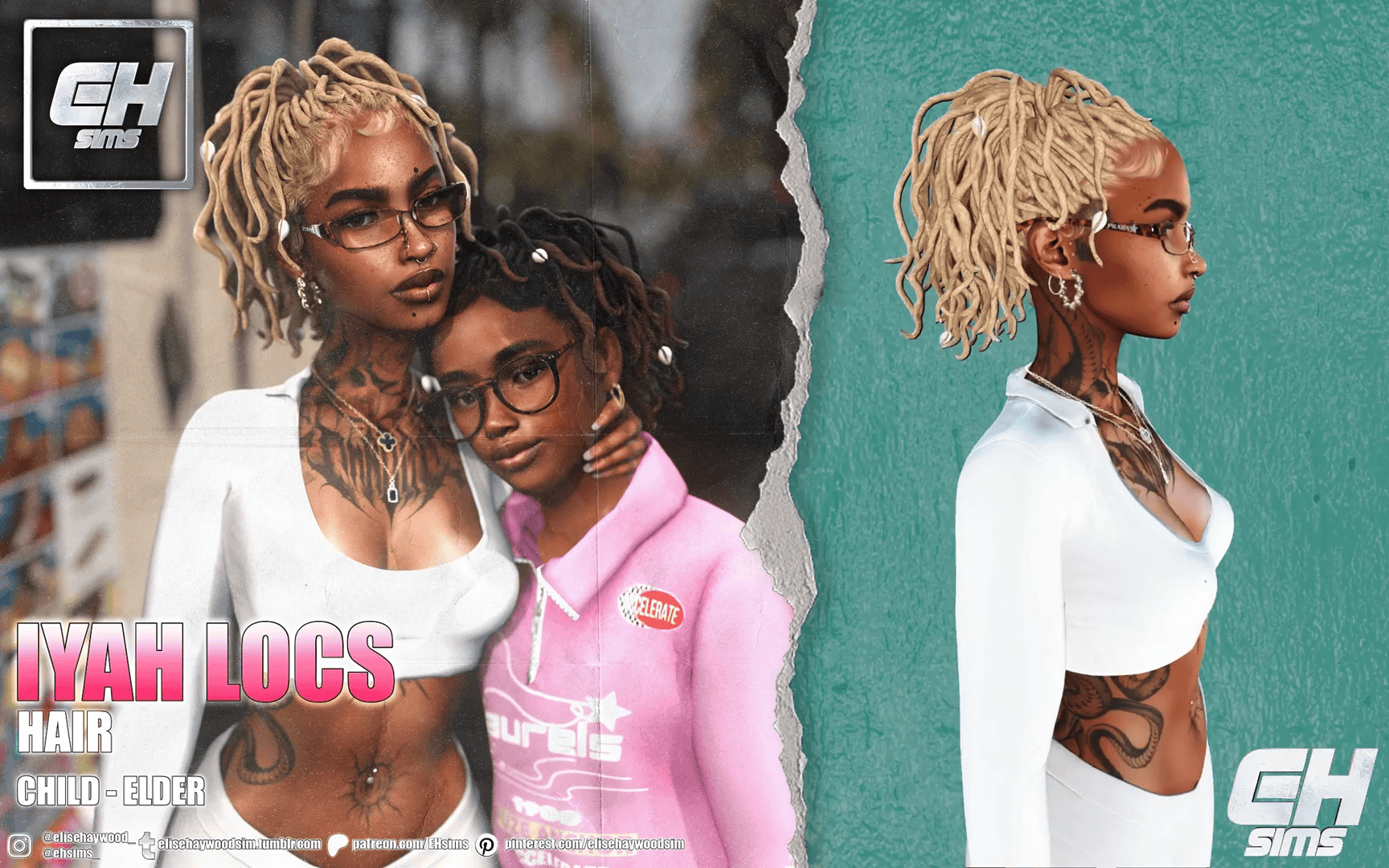 Black woman with blonde dreadlocks and glasses, embracing a girl with glasses and curly hair, both with tattoos, outdoor setting, trendy hairstyle, fashion, dark lipstick, jewelry, stylish look.