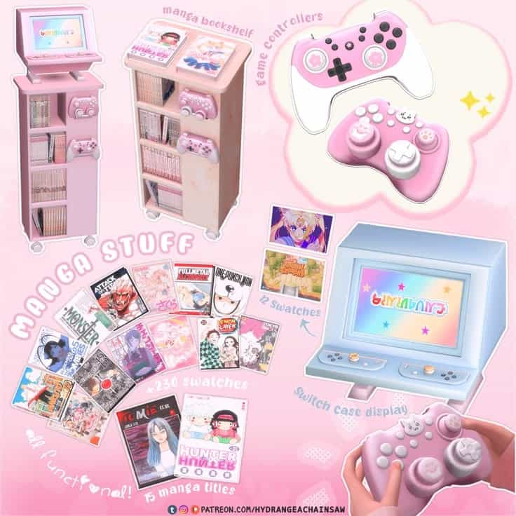 Pink gaming console with manga bookmarks and swatches, stylish switch case display, cute pink game controllers for anime and manga fans, must-have mods for customizing gaming and collection setups.