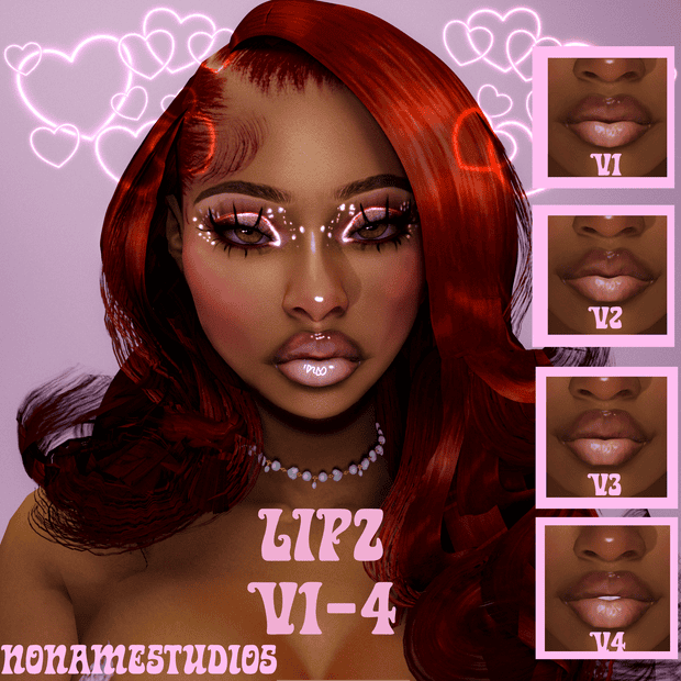 Red hair wig with loose curls, glamorous makeup, and lip styling options for beauty enhancements in digital fashion.