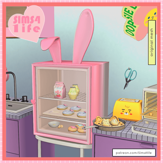 Pink bunny-themed refrigerator with snacks and drinks, cute kitchen scene from The Sims 4 Life mod, adorable pastel decor, whimsical kitchen accessories, must-have mods for Sims 4 players, kawaii home decor inspiration.