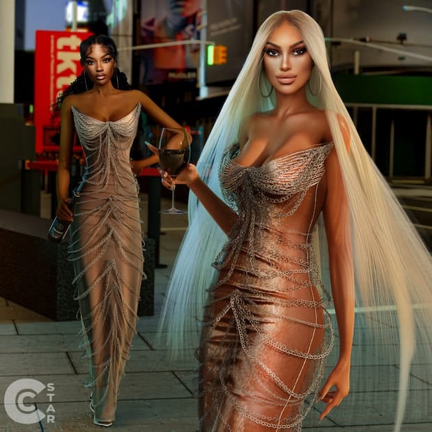 Luxury fashion LED clothing for women, glamorous metallic dresses with chain accents, high-end nightlife outfits, bold stylish evening wear, trendy party dresses for women.