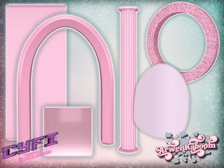 Pink pastel decorative home decor set for Sims 4, includes arches, columns, and circular accents, perfect for creating stylish, modern rooms, must-have mods for maxis match aesthetics.