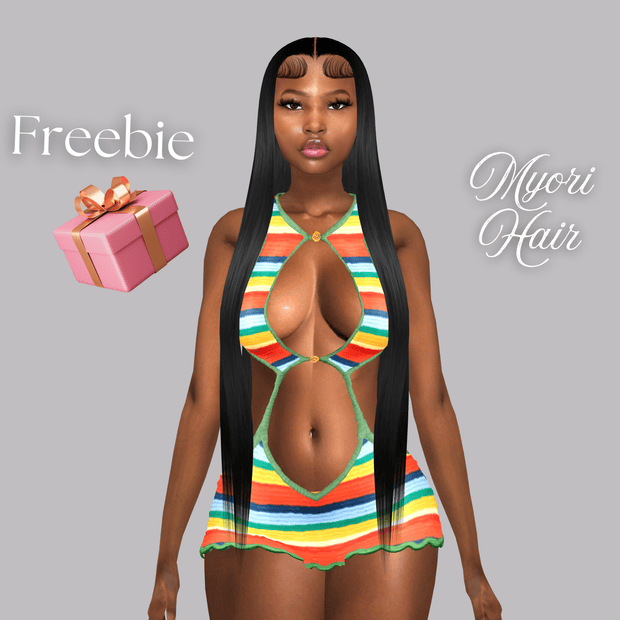 Long, colorful striped bikini top with cutout design and long black hair, showcasing must-have hair mods and fashion accessories for gaming avatars and virtual characters.