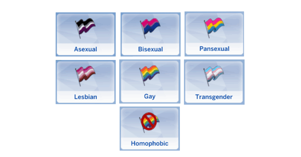 Asexual, Bisexual, Pansexual, Lesbian, Gay, Transgender, Homophobic pride flags displayed on a digital screen representing different sexual orientations and gender identities for Must Have Mods.