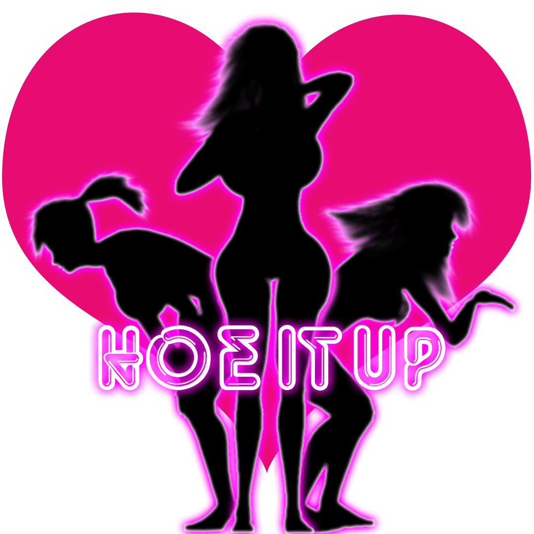 Silhouette of a woman with two dogs and a cat, neon pink heart background, "hoe it up" slogan in glowing pink font, stylish animal lover illustration, vibrant and trendy design for pet or nightlife themes.