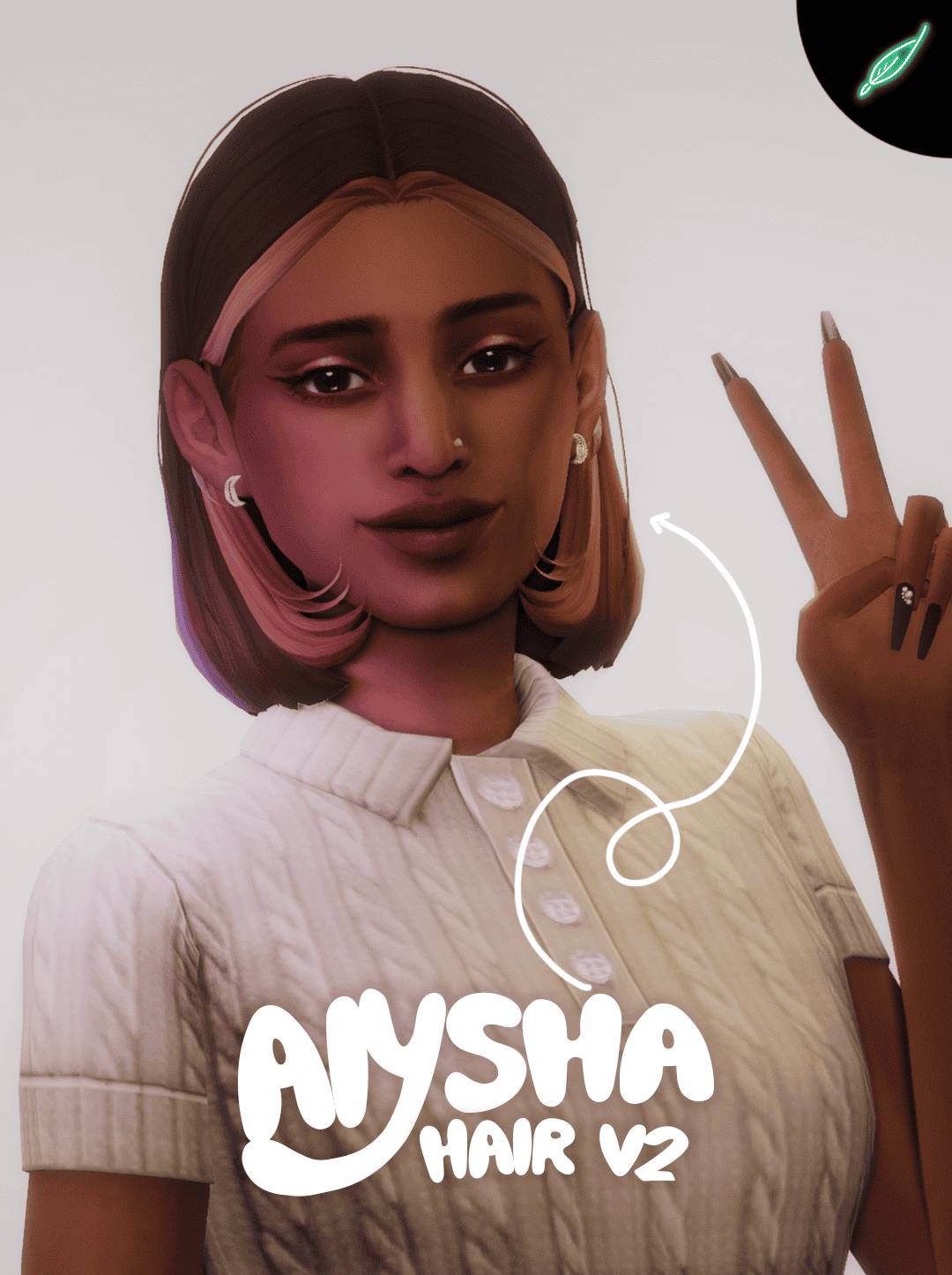 Aysha Hair V2: Modern woman showcasing stylish, layered bob hairstyle with pink highlights, elegant makeup, and trendy accessories for a confident look. Perfect for beauty and hair mod enthusiasts.