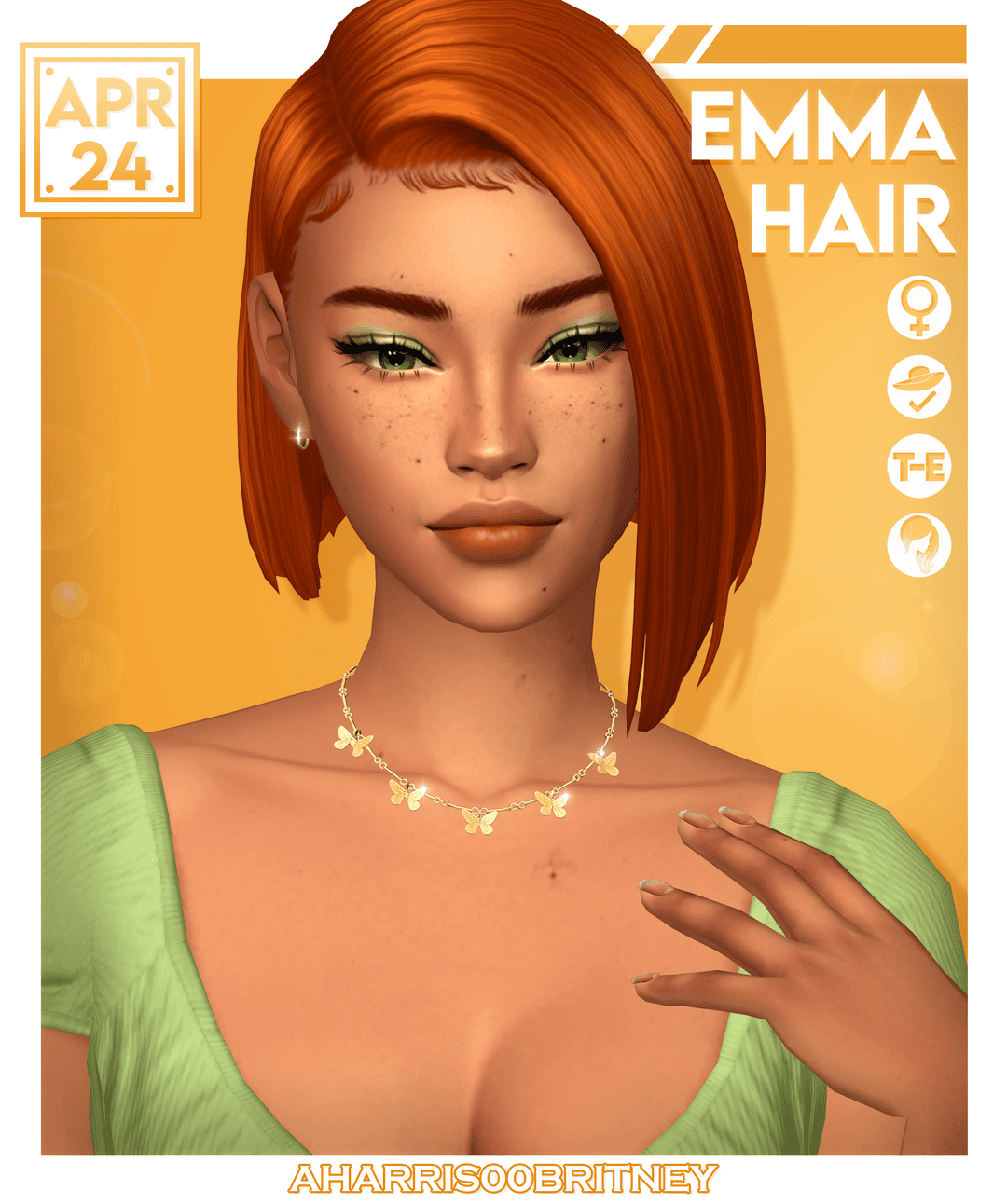 Brunette female virtual avatar with red hair, green makeup, freckles, and butterfly necklace, showcasing custom digital character created with Must Have Mods for Sims 4.