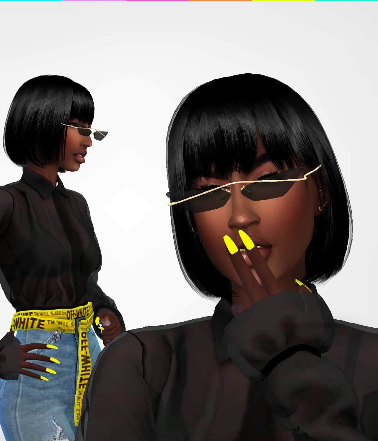 Bold black bob hairstyle with sleek bangs and edgy sunglasses for stylish modern women.