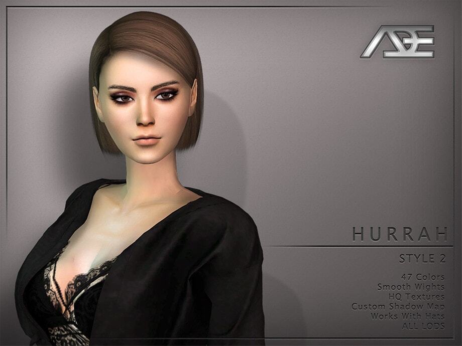 HURRAH Style 2 female virtual model with short brown hair, smoky eye makeup, wearing a black blazer and lace top, showcasing versatile characters for Sims 4 mods from Must Have Mods.