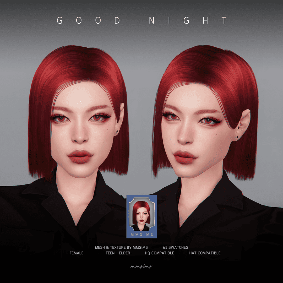 Men hairstyle with vibrant red color, modern sleek bob cut, digital illustration, perfect for Sims 4 custom content, high-quality textures, 65 swatches, teen to elder ages, compatible with hats and HQ content.