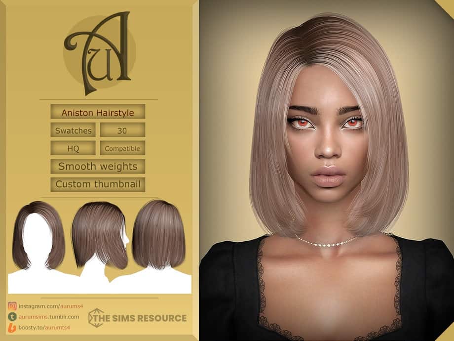 Aniston Hairstyle for The Sims 4, featuring 30 swatches, smooth weights, and custom thumbnail options, compatible with the game’s HQ graphics.