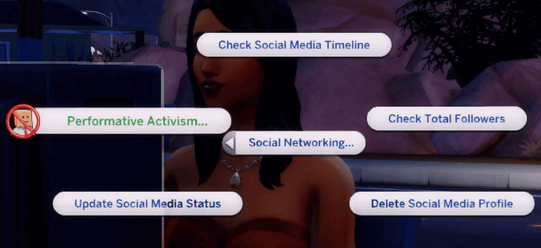 Performative activism and social media management options on virtual social networking interface.